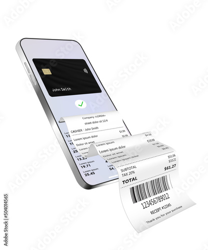 Banking pay online with mobile phone. Wireless payments concept bank card with receipt. Bill on smartphone transaction with credit card and paper check. photo