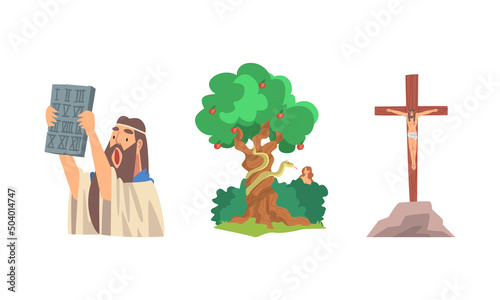 Bible Narrative with Moses Holding Table of the Covenant and Crucifixion Vector Illustration Set