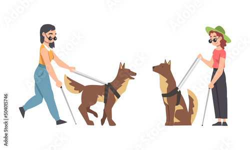 Guide Dog with Blind Woman as Trained Assistance Pet and Seeing Eye Vector Set