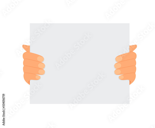 Flat illustration of hands holding a sheet of paper with place for text on a white background. Mockup notice. Read letter. Vector template for articles, brochures and your design.
