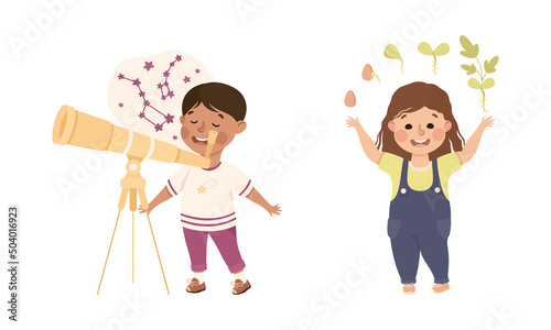 Little Boy and Girl Learning Nature and Astronomy with Telescope as School Subject Vector Set