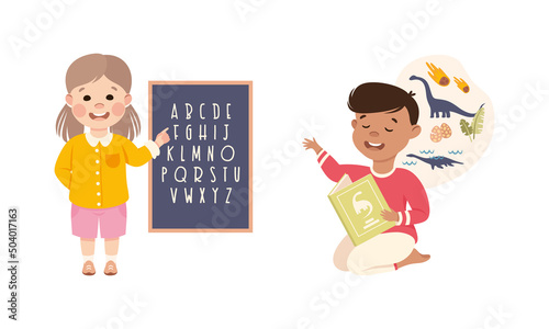 Little Boy and Girl Learning Alphabet and Dinosaurs as School Subject Vector Set