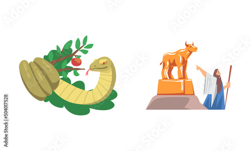 Bible Narrative with Serpent or Snake of Temptation in the Garden of Eden and Golden Idol Vector Illustration Set