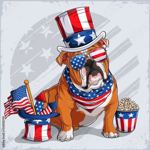 English Bulldog dog in 4th of July disguise wearing Uncle Sam hat, with USA flag and fireworks