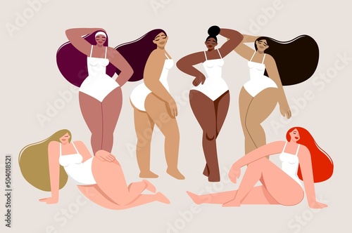 Dark-skinned girls and girls with light skin in various poses. Body positive. Love your body