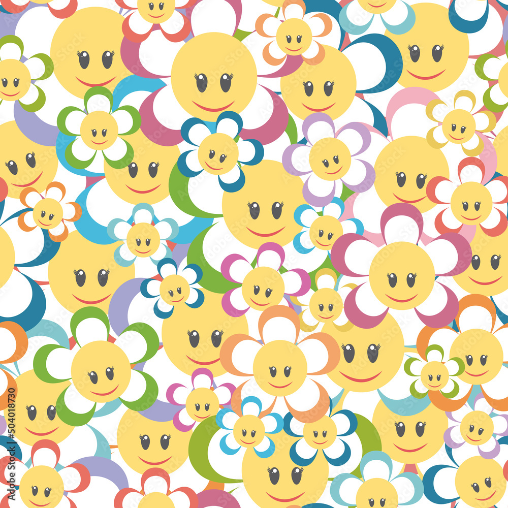 Cute flowers seamless pattern. Colorful floral background. Vector illustration with smiling flowers.