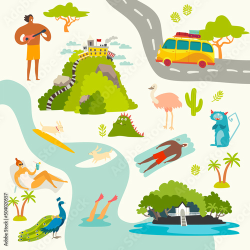 Abstract cute map. River and people characters, summer trip  colorful vector illustration. Cartoon abstract atlas illustration