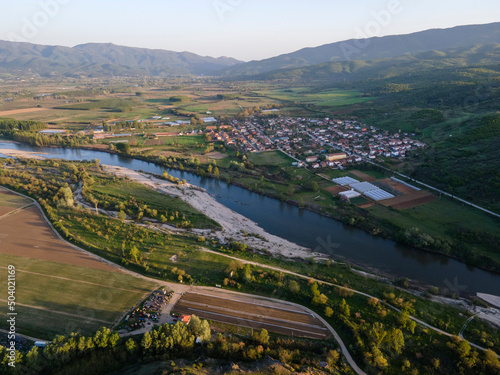 Aerial Sunset view of Struma river, Bulgaria