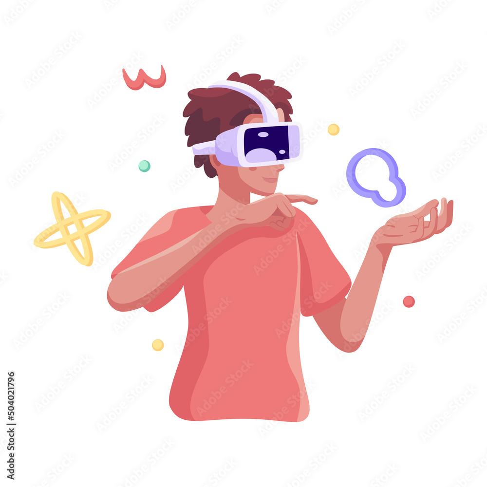 Young man Virtual reality glasses Game simulator Vector illustration Young man Virtual reality glasses Game simulator Vector illustration