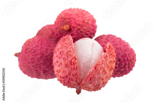 Lychee fruit isolated on white background. Tropical exotic fresh ripe fruit. Litchi chinensis. Clipping path. photo