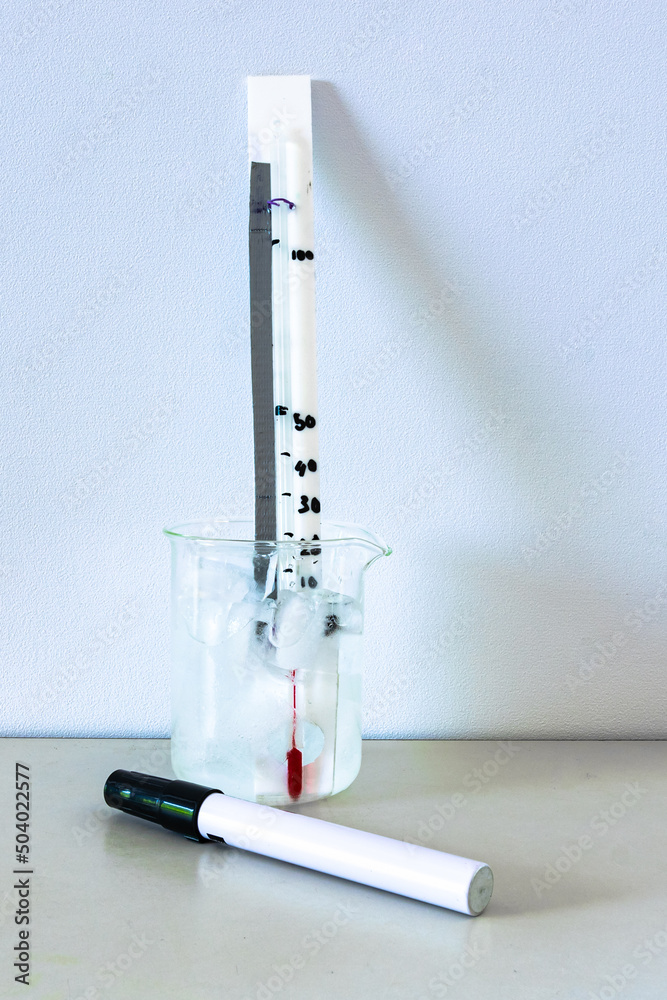Foto de A liquid alcohol thermometer is placed in a glass with melting