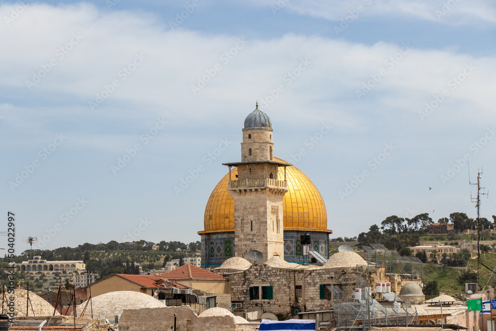 The Dome of the Rock or Al Qubbat as-Sakhrah. View of Al-Aqsa Mosque and Silsila Minaret in muslim quarter of Jerusalem city