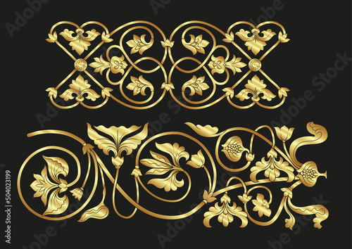 Byzantine traditional historical floral motifs, pattern. Clip art, set of elements for design Vector illustration in gold and black