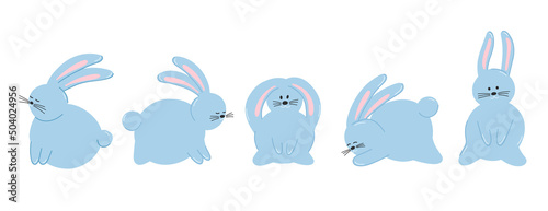 Vector set of cute blue rabbits in cartoon style, cute animals, bunnies. Children's vector illustration for postcards, clothes, fabrics, design.
