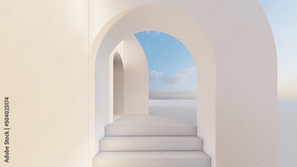 Architecture interior background arched pass with staircase 3d render