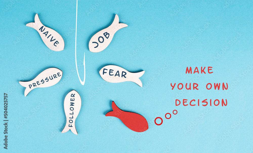 Fototapeta premium Group of fishes with words like fear, pressure, follower swimming to the fishing rod, red fish makes his own decision, takes a different direction, against the stream