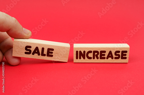 On a red background, wooden blocks, one of them in hand. The blocks are written - SALE INCREASE