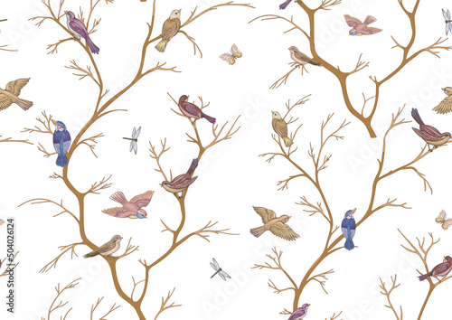 Tree branches against the sky with sparrow, finches, butterflies, dragonflies. Seamless pattern, background. Vector illustration. Chinoiserie, traditional oriental botanical motif. In botanical style