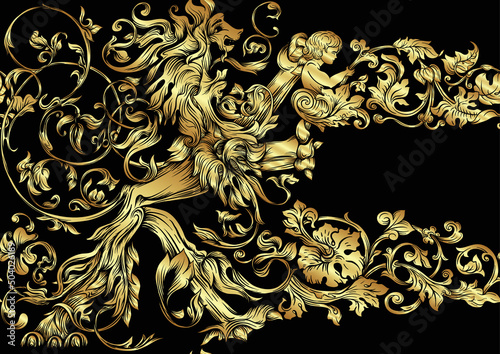 Seamless pattern, background In baroque, rococo, victorian, renaissance style. Trendy frolar vintage pattern. In gold and black vector illustration
