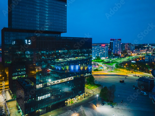 Katowice, May 8, 2022, Poland, Silesia. View of Katowice at night from a drone. View of the saucer in Katowice and the KTW building. Katowice city concept at night aerail view.