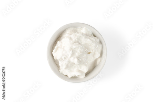Stracciatella cheese. Italian Stretched curd cheese product Stracciatella in bowl isolated on white background. Top view