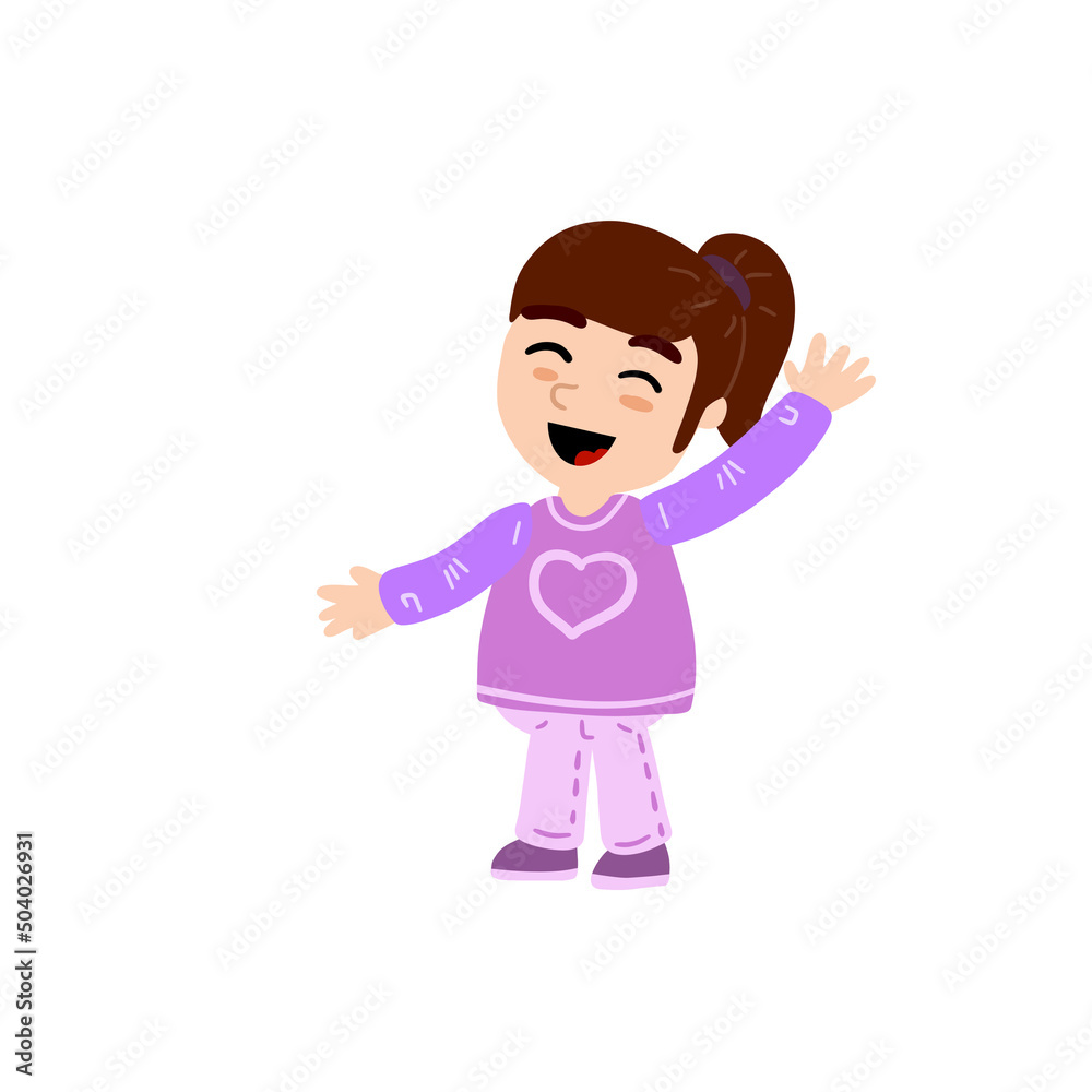 Funny Little girl. Happy child waves hand