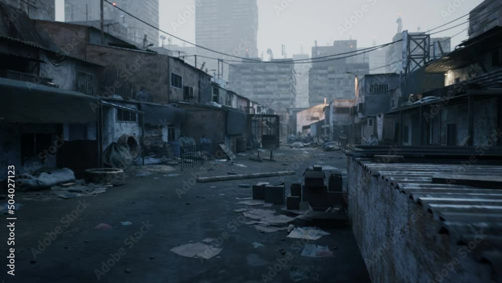A slum with shacks and buildings. Abandoned area of the city with ...