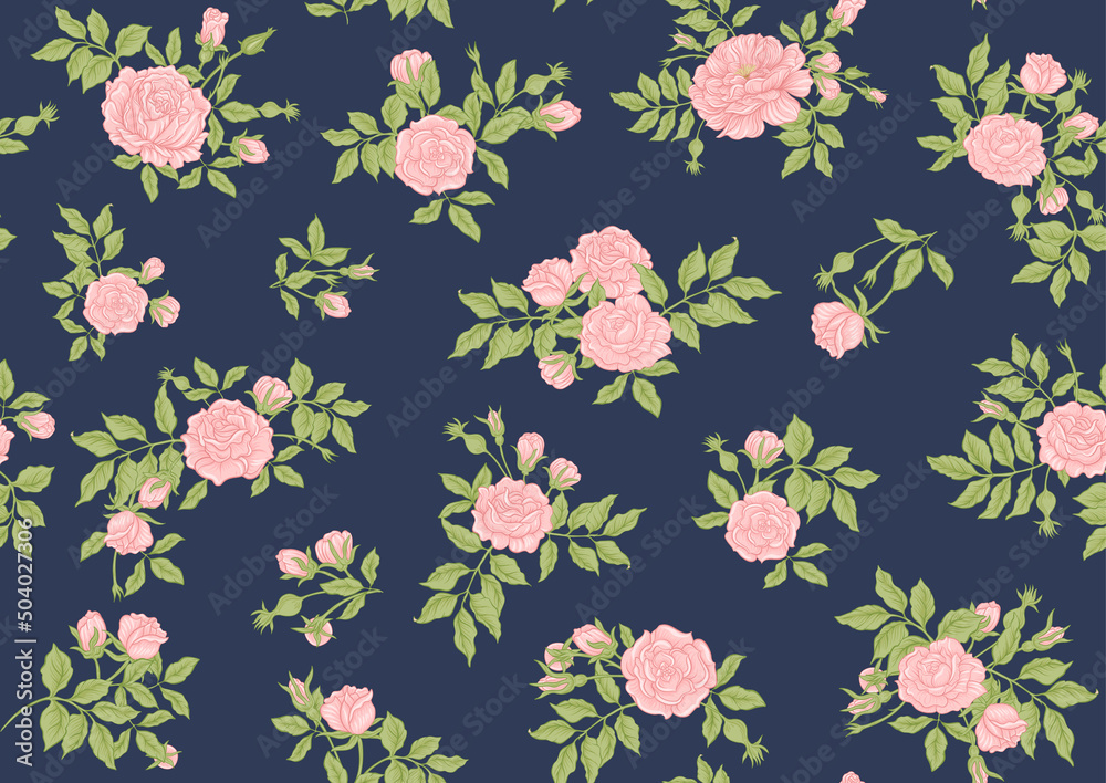 Fototapeta premium Roses flowers on branches. Millefleurs trendy floral design. Seamless pattern, background. Vector illustration. On blue denim background