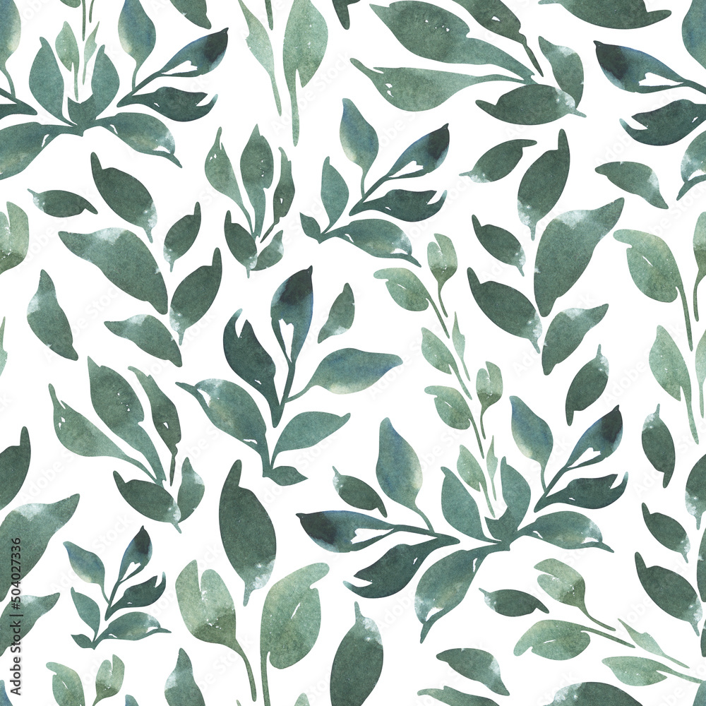 Seamless pattern with watercolor green plants. Hand painted pattern isolated on white background. For design or textile