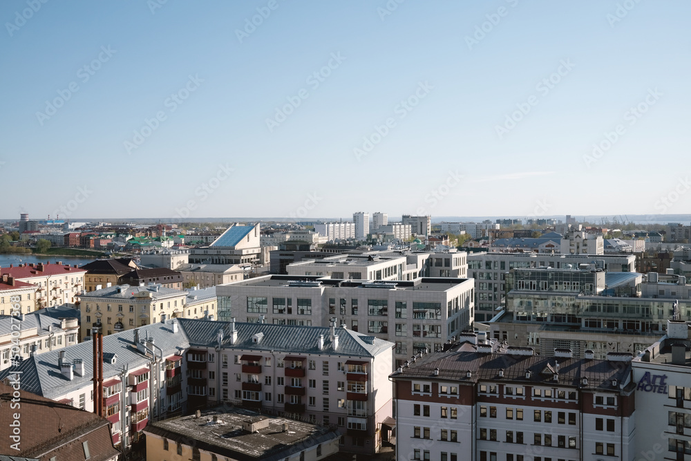 View from the observation deck on the city of Kazan, Russia. View of the Kamal Theater and the Volga River.