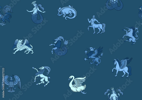 Symbolic, heraldic animals and creatures. Classic, traditional design. Historical ornament seamless pattern, background. Vector illustration.