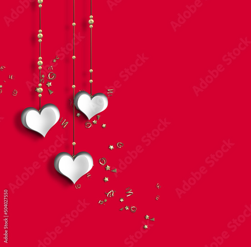 White paper hearts, Valentines day card on red background. Love invitation card design.
