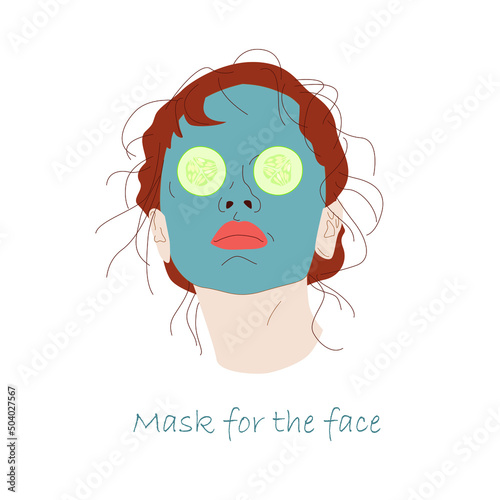 Vector image of a girl with a nourishing face mask and cucumbers