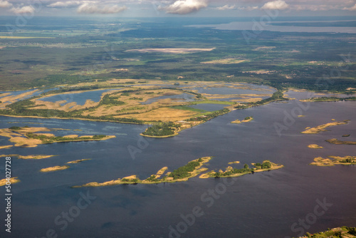 Aerial view over Dnieper river in Central Ukraine.