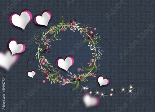Love card design with paper hearts, soft focus hearts, floral wreath on blue background. Text Happy Valentine's day. Valentines card. Modern elegant trendy design for love card. 3D illustration