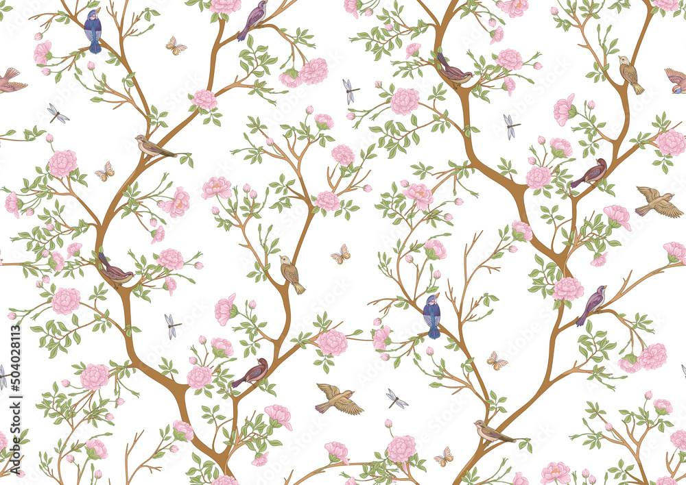 Camellia blossom tree With sparrow, finches, butterflies, dragonflies. Seamless pattern, background. Vector illustration. In botanical style Camellia blossom tree With sparrow, finches, butterflies, dragonflies. Seamless pattern, background. Vector illustration. In botanical style