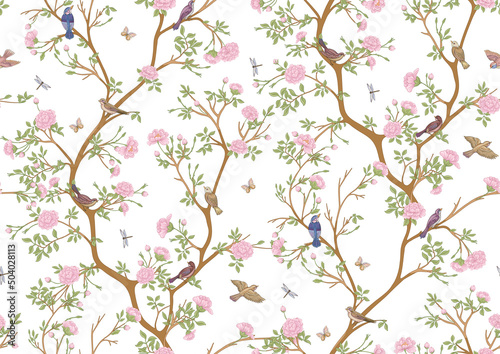 Murais de parede Camellia blossom tree With sparrow, finches, butterflies, dragonflies