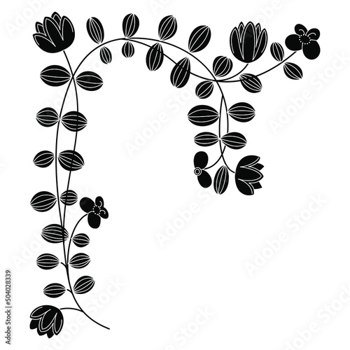 Blooming vine. Decorative floral corner element. Stylized branch with leaves and flowers. Medieval illuminated manuscript botanical motif. Black and white negative silhouette.