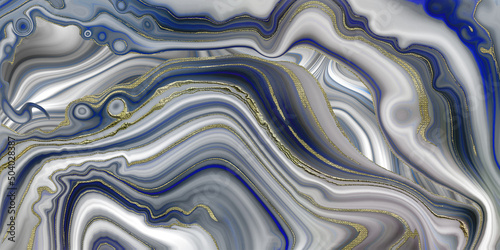 Agate marble stone abstract texture, pastel blue with gold veins. Modern colourful flow marble agate fluid poster. Wave Liquid shape marbled surface. Horizontal illustration