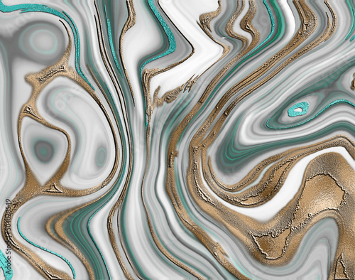 Liquid marble agate, abstract white grey green turquoise marble agate granite, golden veins, kintsugi technique, abstract fluid stone texture, marbled surface, digital marbling. Illustration