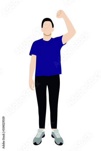 Portrait of a guy in full growth, one hand raised up, flat vector on a white background, faceless illustration