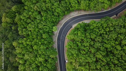 Aerial shot of a winding road passing through a beautiful dense green forest 