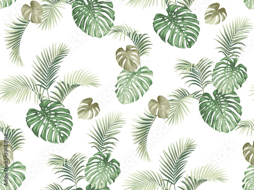 Seamless pattern with tropical palm leaves in realistic style. Exotic plants. Vector botanical illustration. Foliage background for wallpaper  textile  wrapping paper and greeting card.