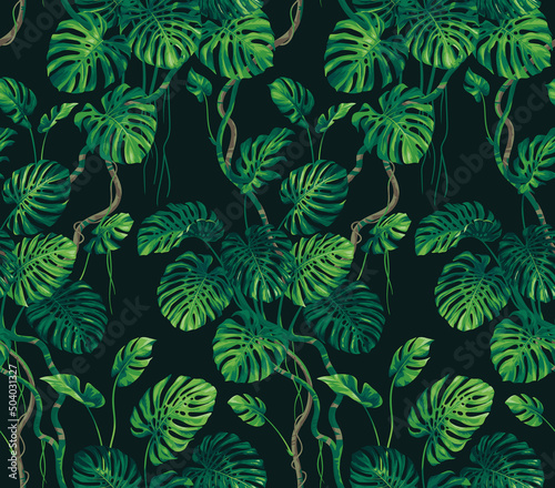 Vintage seamless pattern with monstera leaves. Exotic plants in realistic style. Foliage design on a black background. Vector botanical illustration. 