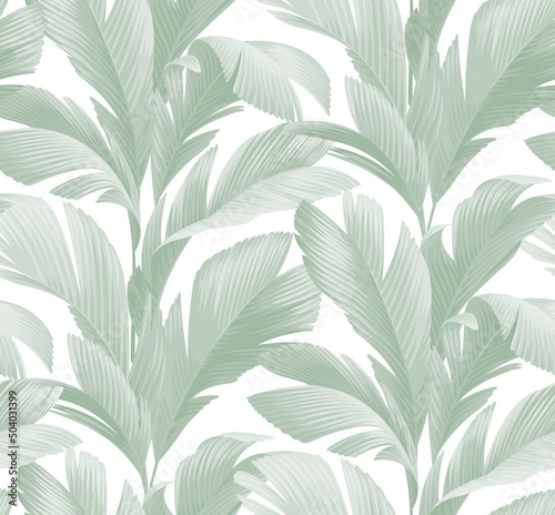 Vintage seamless pattern with tropical leaves in realistic style. Exotic plants. Vector botanical illustration. Foliage background for wallpaper, textile, wrapping paper and greeting card.