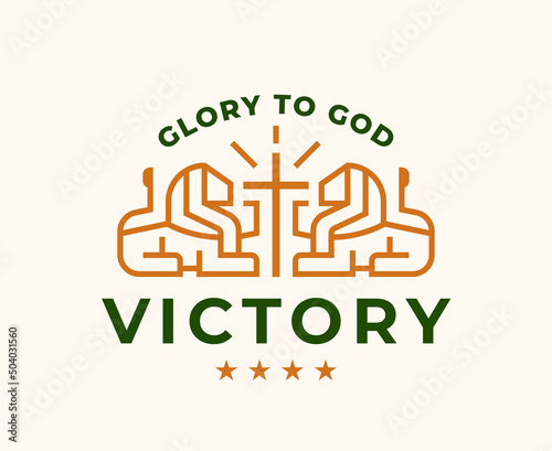 Christian lion cross logo. Lion of Judah religious emblem. Church crucifix line icon. Glory to god victory sign. Vector illustration.