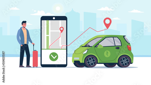 A man with a suitcase is waiting ordered taxi eco car. An electric taxi arrived for a client who called it using a mobile app. Environmentally friendly transport, carsharing. Vector banner, flat city.