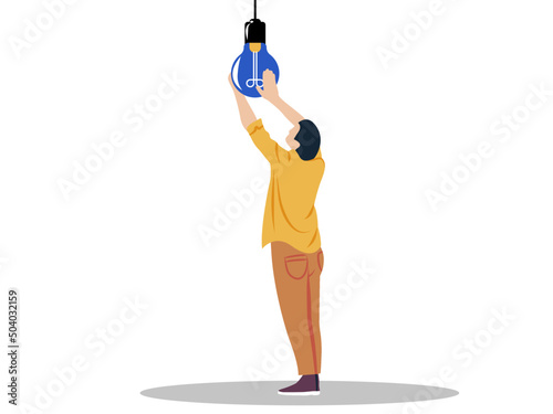 Person changing lightbulb. Character illustration. Vector. Energy efficiency concept.