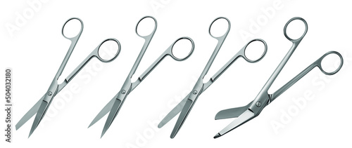 Set of surgical articulated scissors with various blade shapes and different purposes. Vector illustration