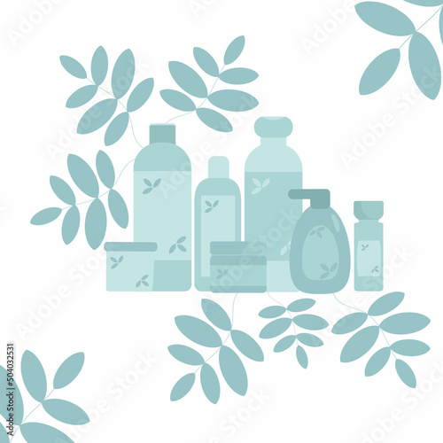 Decorated set of bottles and jars of care cosmetics and cleansers